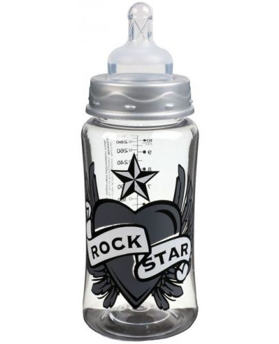Пластмасово шише със силиконов биберон Rock Star Baby, 300 ml, сърце с крила, сиво - 1