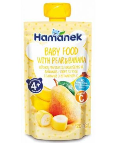 Плодово бебешко пюре Hamanek - Пауч с круши и банан, 120 g - 1