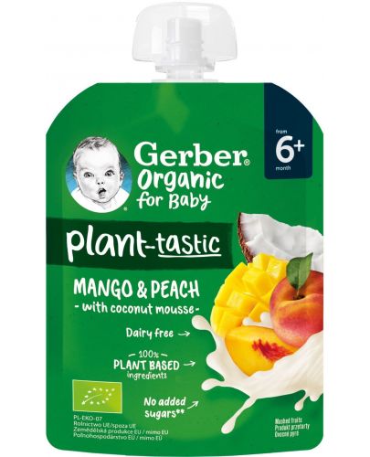 Плодова закуска Nestle Gerber Organic - Пауч с манго и праскова с кокосов мус, 80 g - 1