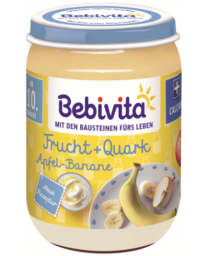 Плодово пюре дует Bebivita - Ябълка, банан и извара, 190 g, вид 2 - 1