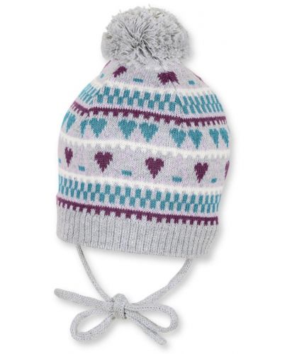 Плетена детска шапка с връзки Sterntaler - На сърчица, 39 cm, 3-4 месеца - 1