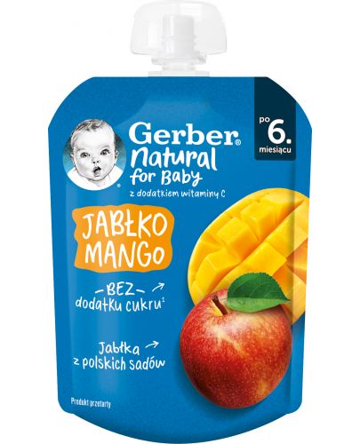 Плодово пюре Nestle Gerber - Пауч с манго и ябълка, 6м+, 80 g - 1