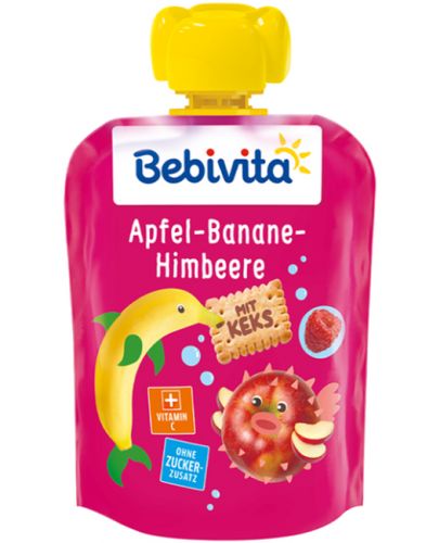 Плодово пюре Bebivita - Пауч с бисквити, банан, ябълка и малина, 90 g - 1