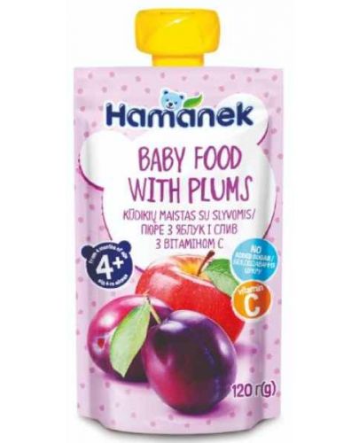 Плодово бебешко пюре Hamanek - Пауч с ябълка и сливи, 120 g - 1