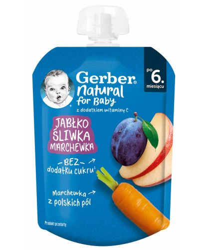 Плодово пюре Nestle Gerber - Пауч с ябълка, слива и морков, 6m+, 80 g - 1