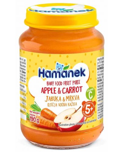 Плодово бебешко пюре Hamanek - С ябълка и морков, 5 m+, 190 g - 1