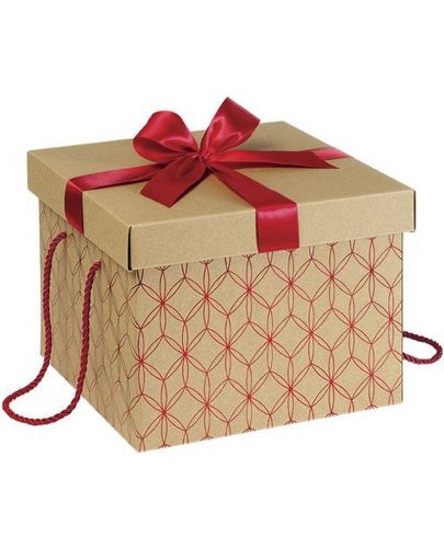 Подаръчна кутия Giftpack - Златиста с червено, с панделка и дръжки, 27 х 27 х 20 cm - 1