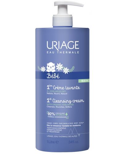 Почистващ душ-крем за бебета Uriage - С отмиване, 1 l - 1