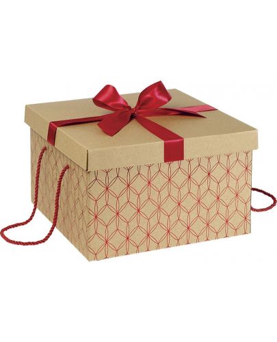 Подаръчна кутия Giftpack - Златиста с червено, с панделка и дръжки, 34 x 34 x 20 cm - 1