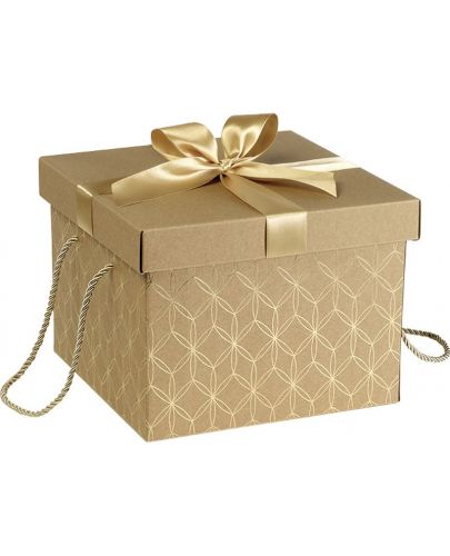 Подаръчна кутия Giftpack - Златиста, с панделка и дръжки, 27 х 27 х 20 cm - 1