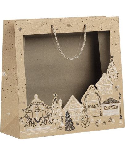 Подаръчна торбичка Giftpack - Bonnes Fêtes, 35 x 13 x 33 cm, крафт, бяло и черно с PVC прозорец - 1