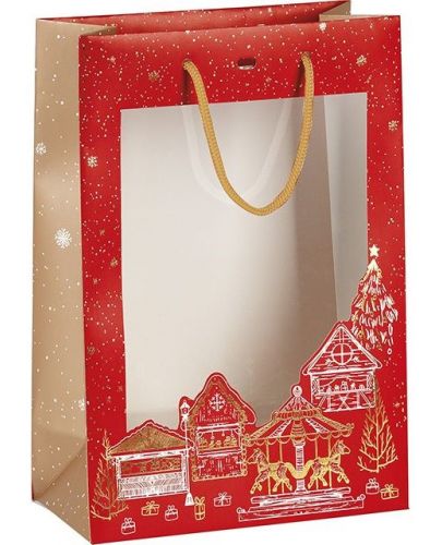 Подаръчна торбичка Giftpack - Bonnes Fêtes, 20 x 10 x 29 cm, червена със златен печат, с PVC прозорец - 1