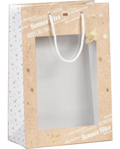 Подаръчна торбичка Giftpack - Bonnes Fêtes, 20 x 10 x 29 cm, топъл печат, крафт, бяло и златно, с PVC прозорец - 1