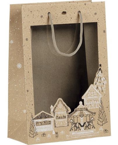 Подаръчна торбичка Giftpack - Bonnes Fêtes, 20 x 10 x 29 cm, крафт, бяло и черно с PVC прозорец - 1
