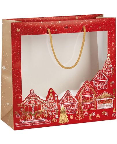 Подаръчна торбичка Giftpack - Bonnes Fêtes, 35 x 13 x 33 cm, червена със златен печат, с PVC прозорец - 1