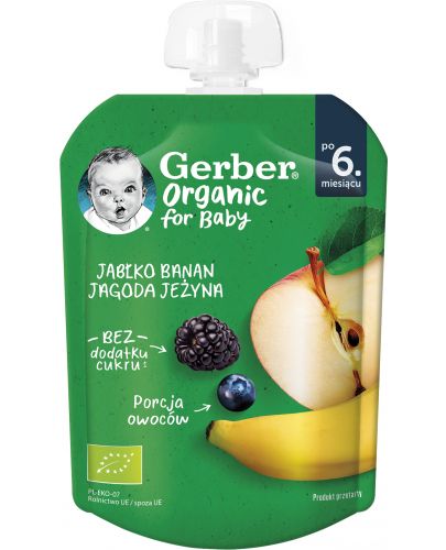 Пюре Nestlé Gerber Organic - Ябълка, банан, боровинка и къпина, 80 g - 1