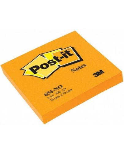 Самозалепващи листчета Post-it 654-NY - Оранжеви, 7.6 х 7.6 cm, 100 броя - 1