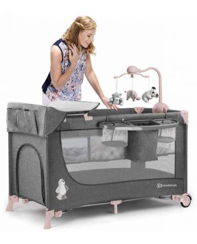 Сгъваема бебешка кошара KinderKraft - Joy Full, с аксесоари, сиво с розово - 6