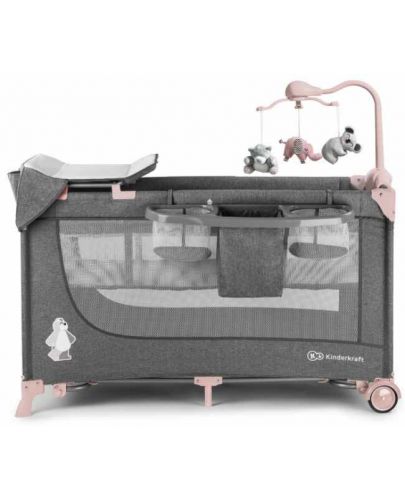 Сгъваема бебешка кошара KinderKraft - Joy Full, с аксесоари, сиво с розово - 3