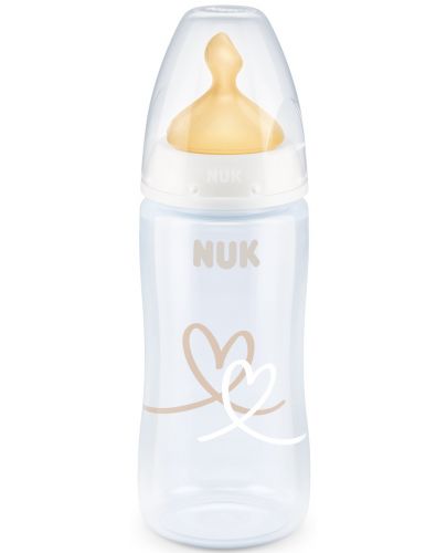 Шише Nuk First Choice - Temperature control, с каучуков биберон, 300 ml, бяло, сърца - 1