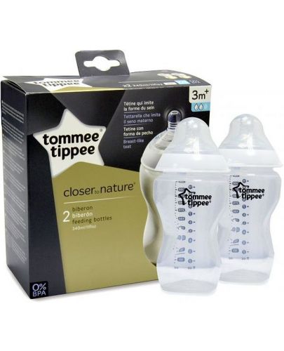 Комплект бебешки шишета Tommee Tippee Easi Vent - 340 ml, с биберон 2 капки, 2 броя - 1