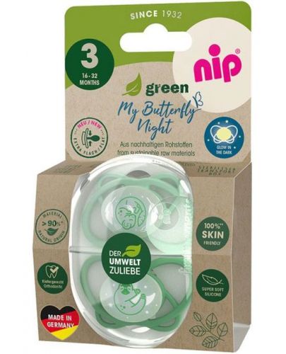 Силиконови залъгалки NIP Green - Нощни, 16-32 м, 2 броя, зелен - 3