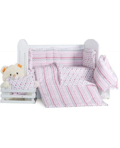 Спален комплект с балдахин Dizain Baby - Зиг заг и розови звезди, 8 части, 60 х 120 - 1