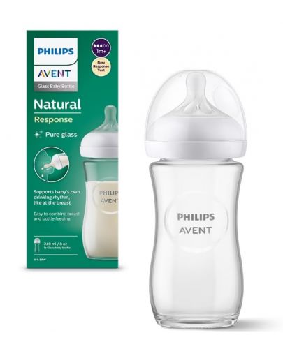Стъклено шише Philips Avent - Natural Response 3.0, с биберон 1m+, 240 ml  - 1