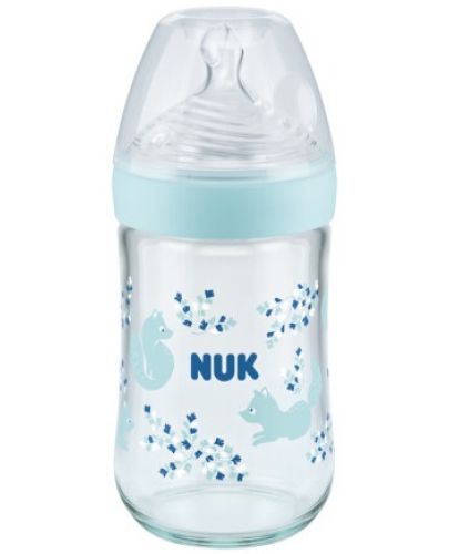 Стъклено шише Nuk - Nature Sense, със силиконов биберон М, 240 ml, синьо - 1