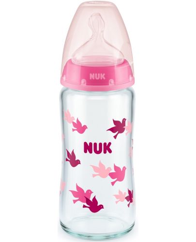Стъклено шише със силиконов биберон Nuk - First Choice, TC, 240 ml, розово - 1