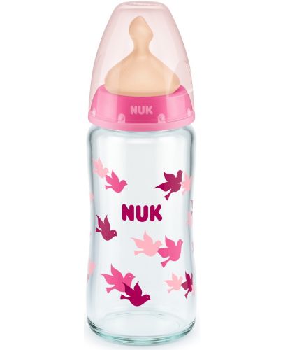 Стъклено шише с каучуков биберон Nuk - First Choice, TC, 240 ml, розово - 1