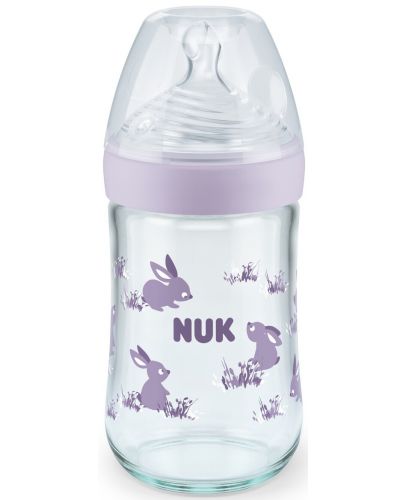 Стъклено шише Nuk - Nature Sense, със силиконов биберон М, 240 ml, лилаво - 1