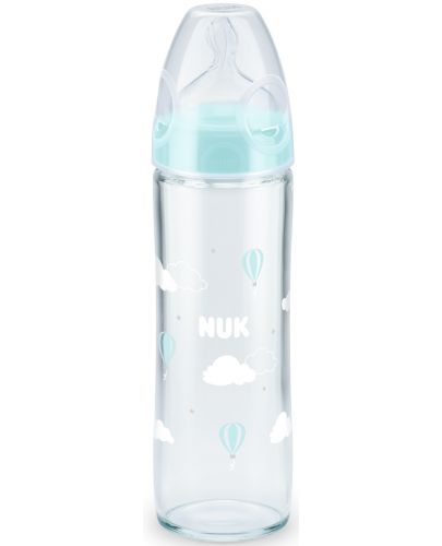 Стъклено шише Nuk - New Classic, с биберон размер М, 240 ml, синьо - 1