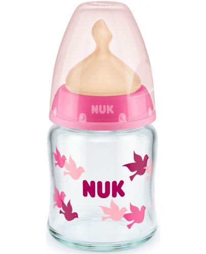 Стъклено шише с каучуков биберон Nuk - First Choice, TC, 120 ml, розово - 1