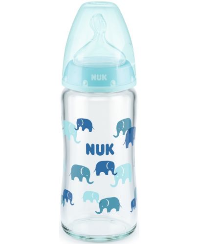 Стъклено шише със силиконов биберон Nuk - First Choice, TC, 240 ml, синьо - 1