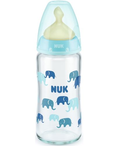 Стъклено шише с каучуков биберон Nuk - First Choice, TC, 240 ml, синьо - 1