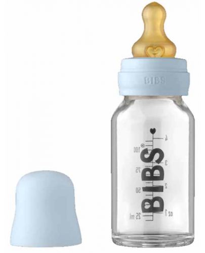 Стъклена бебешка бутилка с аксесоари Bibs - 110 ml, синя - 1