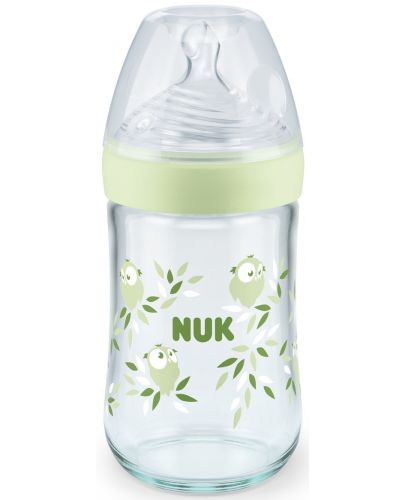 Стъклено шише Nuk - Nature Sense, със силиконов биберон М, 240 ml, зелено - 1