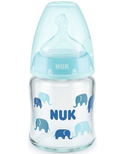 Стъклено шише със силиконов биберон Nuk - First Choice, TC, 120 ml, синьо - 1