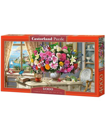 Панорамен пъзел Castorland от 4000 части - Летни цветя и чаша чай - 1