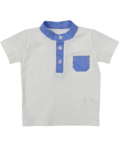 Тениска тип риза Zinc - Мандарин, бяла с яка на синьо каре, 74 cm   - 1