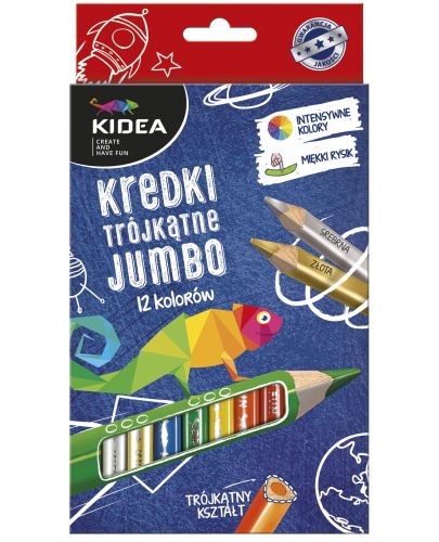 Триъгълни цветни моливи Kidea Jumbo - 12 цвята + златен и сребърен - 1