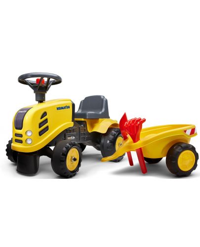 Трактор с ремарке Falk - Komatsu, с гребло и лопатка, жълт - 1