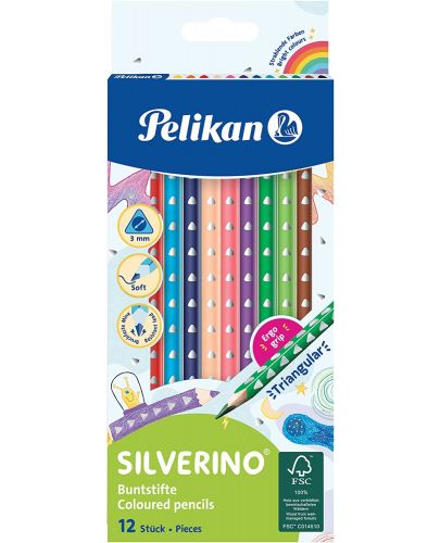 Цветни тристенни моливи Pelikan Silverino - 12 цвята  - 1