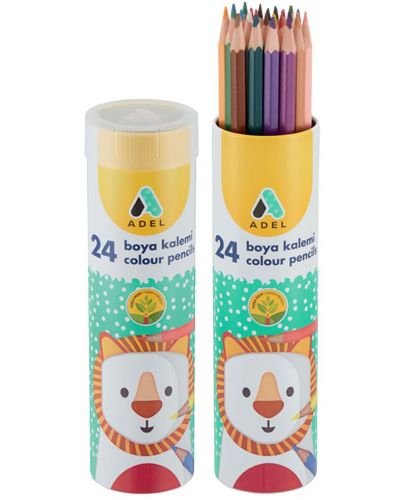 Цветни моливи Adel - 24 цвята, дълги, в метален тубус - 1