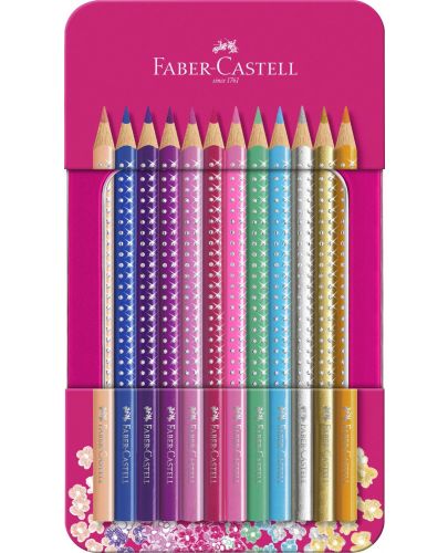 Цветни моливи Faber-Castell Sparkle - 12 цвята, метална кутия - 1
