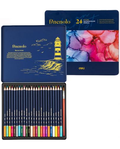 Цветни акварелни моливи Deli Finenolo - EC129, 24 цвята, в метална кутия - 1