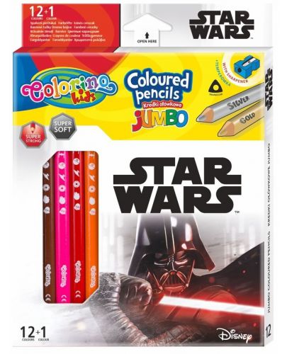 Цветни моливи Colorino - Marvel Star Wars Jumbo, 12 + 1 цвята и острилка - 1