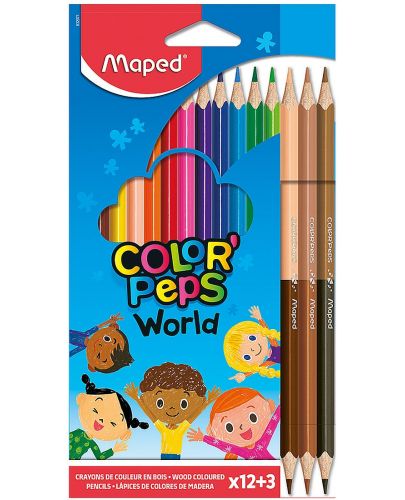Цветни моливи Maped Color Peps - 12 цвята, с 3 броя двувърхи молива - 1