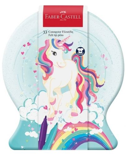 Цветни флумастери Faber-Castell Connector - Eднорог, 33 цвята - 1